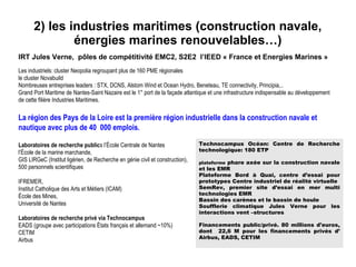 2) les industries maritimes (construction navale, 
énergies marines renouvelables…)
IRT Jules Verne,  pôles de compétitivité EMC2, S2E2  l’IEED « France et Energies Marines »
 
Les industriels: cluster Neopolia regroupant plus de 160 PME régionales
le cluster Novabuild
Nombreuses entreprises leaders : STX, DCNS, Alstom Wind et Ocean Hydro, Beneteau, TE connectivity, Principia,..
Grand Port Maritime de Nantes-Saint Nazaire est le 1° port de la façade atlantique et une infrastructure indispensable au développement
de cette filière Industries Maritimes.
La région des Pays de la Loire est la première région industrielle dans la construction navale et
nautique avec plus de 40 000 emplois.
Laboratoires de recherche publics l’École Centrale de Nantes
l’École de la marine marchande,
GIS LIRGeC (Institut ligérien, de Recherche en génie civil et construction),
500 personnels scientifiques
IFREMER,
Institut Catholique des Arts et Métiers (ICAM)
École des Mines,
Université de Nantes
Laboratoires de recherche privé via Technocampus
EADS (groupe avec participations États français et allemand ~10%)
CETIM
Airbus
Technocampus Océan: Centre de Recherche
technologique: 180 ETP
plateforme phare axée sur la construction navale
et les EMR
Plateforme Bord à Quai, centre d’essai pour
prototypes Centre industriel de réalité virtuelle
SemRev, premier site d’essai en mer multi
technologies EMR
Bassin des carènes et le bassin de houle
Soufflerie climatique Jules Verne pour les
interactions vent –structures
Financements public/privé. 80 millions d'euros,
dont 22,6 M pour les financements privés d’
Airbus, EADS, CETIM
 