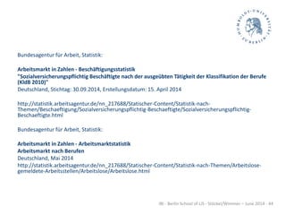 IBI - Berlin School of LIS - Stöckel/Wimmer – June 2014 - 44
Bundesagentur für Arbeit, Statistik:
Arbeitsmarkt in Zahlen - Beschäftigungsstatistik
"Sozialversicherungspflichtig Beschäftigte nach der ausgeübten Tätigkeit der Klassifikation der Berufe
(KldB 2010)"
Deutschland, Stichtag: 30.09.2014, Erstellungsdatum: 15. April 2014
http://statistik.arbeitsagentur.de/nn_217688/Statischer-Content/Statistik-nach-
Themen/Beschaeftigung/Sozialversicherungspflichtig-Beschaeftigte/Sozialversicherungspflichtig-
Beschaeftigte.html
Bundesagentur für Arbeit, Statistik:
Arbeitsmarkt in Zahlen - Arbeitsmarktstatistik
Arbeitsmarkt nach Berufen
Deutschland, Mai 2014
http://statistik.arbeitsagentur.de/nn_217688/Statischer-Content/Statistik-nach-Themen/Arbeitslose-
gemeldete-Arbeitsstellen/Arbeitslose/Arbeitslose.html
 