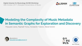 Modeling the Complexity of Music Metadata
in Semantic Graphs for Exploration and Discovery
ANR-14-CE24-0020
@pasqlisena
pasquale.lisena@eurecom.fr
Pasquale Lisena, Raphaël Troncy, Konstantin Todorov, Manel Achichi
Digital Libraries for Musicology (DLfM) Workshop
28th October 2017 | Shanghai Conservatory of Music
 