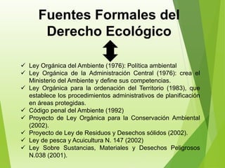  Ley Orgánica del Ambiente (1976): Política ambiental
 Ley Orgánica de la Administración Central (1976): crea el
Ministerio del Ambiente y define sus competencias.
 Ley Orgánica para la ordenación del Territorio (1983), que
establece los procedimientos administrativos de planificación
en áreas protegidas.
 Código penal del Ambiente (1992)
 Proyecto de Ley Orgánica para la Conservación Ambiental
(2002).
 Proyecto de Ley de Residuos y Desechos sólidos (2002).
 Ley de pesca y Acuicultura N. 147 (2002)
 Ley Sobre Sustancias, Materiales y Desechos Peligrosos
N.038 (2001).
Fuentes Formales del
Derecho Ecológico
 