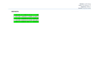 Nombre: Liseth Chávez
Curso: 7mo Semestre “A”
Asignatura: REDES II
Docente: Ing. Raúl Lozada
RESPUESTA:
a. 10011001.01111000.01101101.11111000
b. 01011001.11001010.11100001.01100111
c. 10111001.11001000.00110111.01001100
d. 11011001.01001010.01101001.00110011
e. 10011111.01001011.00111111.00101011
 