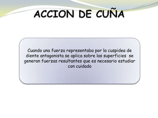 ACCION DE CUÑA
Cuando una fuerza representaba por la cuspidea de
diente antagonista se aplica sobre las superficies se
generan fuerzas resultantes que es necesario estudiar
con cuidado
 