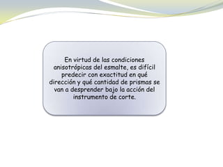En virtud de las condiciones
anisotrópicas del esmalte, es difícil
predecir con exactitud en qué
dirección y qué cantidad de prismas se
van a desprender bajo la acción del
instrumento de corte.
 
