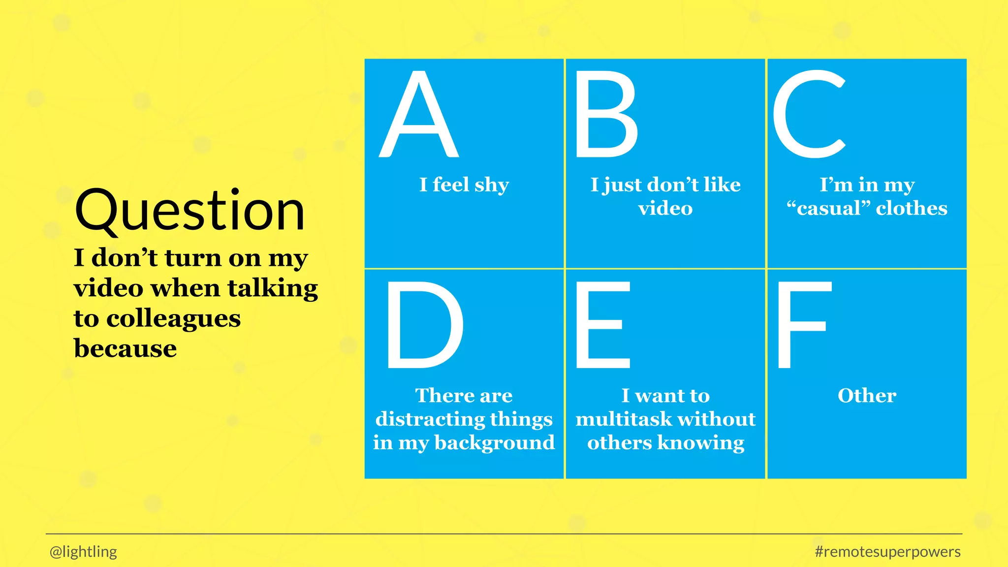 @lightling #remotesuperpowers
Question
I don’t turn on my
video when talking
to colleagues
because
I feel shy I just don’t like
video
I’m in my
“casual” clothes
A B C
D EThere are
distracting things
in my background
I want to
multitask without
others knowing
Other
D E F
 