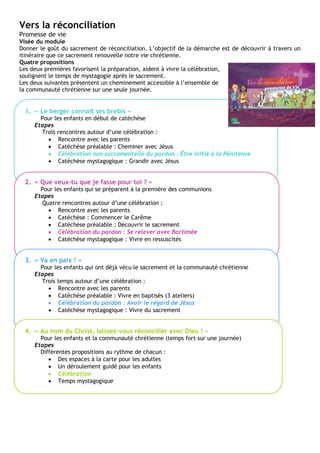 Vers la réconciliation
Promesse de vie
Visée du module
Donner le goût du sacrement de réconciliation. L’objectif de la démarche est de découvrir à travers un
itinéraire que ce sacrement renouvelle notre vie chrétienne.
Quatre propositions
Les deux premières favorisent la préparation, aident à vivre la célébration,
soulignent le temps de mystagogie après le sacrement.
Les deux suivantes présentent un cheminement accessible à l’ensemble de
la communauté chrétienne sur une seule journée.
1. « Le berger connaît ses brebis »
Pour les enfants en début de catéchèse
Etapes
Trois rencontres autour d’une célébration :
 Rencontre avec les parents
 Catéchèse préalable : Cheminer avec Jésus
 Célébration non sacramentelle du pardon : Être initié à la Pénitence
 Catéchèse mystagogique : Grandir avec Jésus
2. « Que veux-tu que je fasse pour toi ? »
Pour les enfants qui se préparent à la première des communions
Etapes
Quatre rencontres autour d’une célébration :
 Rencontre avec les parents
 Catéchèse : Commencer le Carême
 Catéchèse préalable : Découvrir le sacrement
 Célébration du pardon : Se relever avec Bartimée
 Catéchèse mystagogique : Vivre en ressuscités
3. « Va en paix ! »
Pour les enfants qui ont déjà vécu le sacrement et la communauté chrétienne
Etapes
Trois temps autour d’une célébration :
 Rencontre avec les parents
 Catéchèse préalable : Vivre en baptisés (3 ateliers)
 Célébration du pardon : Avoir le regard de Jésus
 Catéchèse mystagogique : Vivre du sacrement
4. « Au nom du Christ, laissez-vous réconcilier avec Dieu ! »
Pour les enfants et la communauté chrétienne (temps fort sur une journée)
Etapes
Différentes propositions au rythme de chacun :
 Des espaces à la carte pour les adultes
 Un déroulement guidé pour les enfants
 Célébration
 Temps mystagogique
 