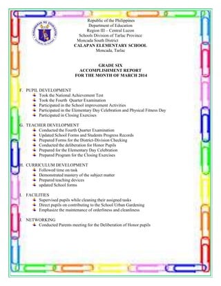 Republic of the Philippines
Department of Education
Region III – Central Luzon
Schools Division of Tarlac Province
Moncada South District
CALAPAN ELEMENTARY SCHOOL
Moncada, Tarlac
GRADE SIX
ACCOMPLISHMENT REPORT
FOR THE MONTH OF MARCH 2014
F. PUPIL DEVELOPMENT
Took the National Achievement Test
Took the Fourth Quarter Examination
Participated in the School improvement Activities
Participated in the Elementary Day Celebration and Physical Fitness Day
Participated in Closing Exercises
G. TEACHER DEVELOPMENT
Conducted the Fourth Quarter Examination
Updated School Forms and Students Progress Records
Prepared Forms for the District-Division Checking
Conducted the deliberation for Honor Pupils
Prepared for the Elementary Day Celebration
Prepared Program for the Closing Exercises
H. CURRICULUM DEVELOPMENT
Followed time on task
Demonstrated mastery of the subject matter
Prepared teaching devices
updated School forms
I. FACILITIES
Supervised pupils while cleaning their assigned tasks
Direct pupils on contributing to the School Urban Gardening
Emphasize the maintenance of orderliness and cleanliness
J. NETWORKING
Conducted Parents meeting for the Deliberation of Honor pupils
 