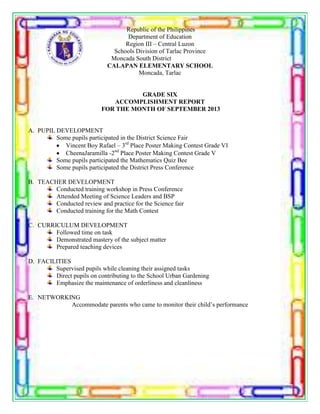 Republic of the Philippines
Department of Education
Region III – Central Luzon
Schools Division of Tarlac Province
Moncada South District
CALAPAN ELEMENTARY SCHOOL
Moncada, Tarlac
GRADE SIX
ACCOMPLISHMENT REPORT
FOR THE MONTH OF SEPTEMBER 2013
A. PUPIL DEVELOPMENT
Some pupils participated in the District Science Fair
Vincent Boy Rafael – 3rd
Place Poster Making Contest Grade VI
CheenaJaramilla -2nd
Place Poster Making Contest Grade V
Some pupils participated the Mathematics Quiz Bee
Some pupils participated the District Press Conference
B. TEACHER DEVELOPMENT
Conducted training workshop in Press Conference
Attended Meeting of Science Leaders and BSP
Conducted review and practice for the Science fair
Conducted training for the Math Contest
C. CURRICULUM DEVELOPMENT
Followed time on task
Demonstrated mastery of the subject matter
Prepared teaching devices
D. FACILITIES
Supervised pupils while cleaning their assigned tasks
Direct pupils on contributing to the School Urban Gardening
Emphasize the maintenance of orderliness and cleanliness
E. NETWORKING
Accommodate parents who came to monitor their child’s performance
 