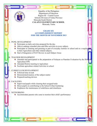 Republic of the Philippines
Department of Education
Region III – Central Luzon
Schools Division of Tarlac Province
Moncada South District
CALAPAN ELEMENTARY SCHOOL
Moncada, Tarlac
A. PUPIL DEVELOPMENT
Participate on daily activities prepared for the day.
Able to undergo remedial class and filler activities in every subject.
Participate in cleaning and greening as part of everyday routines in school and as a requirement
in their Agriculture and other related subjects.
Start of Integration of NAT Review in each Subject Areas
B. TEACHER DEVELOPMENT
Attended and participated in the preparation of Gulayan sa Paaralan Evaluation by the Division
Agriculture EPS.
Attended District meeting in Agriculture
Facilitate agriculture related Activities in school
C. CURRICULUM DEVELOPMENT
Followed time on task
Demonstrated mastery of the subject matter
Prepared teaching devices
D. FACILITIES
Supervised pupils while cleaning their assigned tasks
Direct pupils on contributing to the School Urban Gardening
Emphasize the maintenance of orderliness and cleanliness
E. NETWORKING
Accommodate parents who came to monitor their child’s performance
 