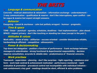 THE BRITS
   Language & communication
Concrete - mistrust abstraction & rationalism - information exchange - understatement -
2-way communication - qualification & reserve - don’t like interruptions, open conflict - can
be vague & evasive but expect straight answers.
   Behavior
Easygoing - casual & courteous - calm but politely arrogant - humour - pragmatic.
   Time & space
TIME : linear - punctual - agendas, schedules, deadlines - fast implementation - plan ahead.
SPACE : respect privacy - don’t like touching or standing too close (except in the pub !).
   Attitudes & values
Work ethic - sense of duty - utilitarian - success oriented - consider themselves reliable,
hardworking & efficient - competitive - ethnocentric.
   Power & decisionmaking
Top-down but delegation - position a function of performance - frank exchange between
managers & subordinates - strong functional & departmental responsibility - decision
requires consultation, accurate & reliable data - predominance of financial concerns.
   Work practises
Teamwork - supervision - planning - don’t like surprises - tight reporting - substance over
form - work task-centred & achievement-motivated - performance monitored - rapid
evaluation & promotion - procedural control not incompatible with individual initiative -
cost containment a key goal - meetings should be short, efficient & solve problems.
 