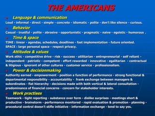 THE AMERICANS
   Language & communication
Loud - informal - direct - simple - concrete - idiomatic - polite - don’t like silence - curious.
   Behavior
Casual - trustful - polite - abrasive - opportunistic - pragmatic - naive - egoistic - humorous .
   Time & space
TIME : linear - agendas, schedules, deadlines - fast implementation - future oriented.
SPACE : large personal space - respect privacy.
   Attitudes & values
Work ethic - competitive drive - risk - success - utilitarian - entrepreneurial - self reliant -
independent - patriotic - competent - effort rewarded - innovative - egalitarian - contractual
& litigious - ignorant of other cultures - customer service - professionalism.
   Power & decisionmaking
Authority earned - empowerment - position a function of performance - strong functional &
departmental responsibility - accountability - frank exchange between managers &
subordinates - flat hierarchy - decisions made with both vertical & lateral consultation -
predominance of financial concerns - concern for stakeholder interests.
   Work practises
Teamwork - tight reporting - substance over form - dislike surprises - meetings short &
productive - brainstorm - performance monitored - rapid evaluation & promotion - planning -
procedural control doesn’t stifle initiative - information exchange - tend to say yes.
 