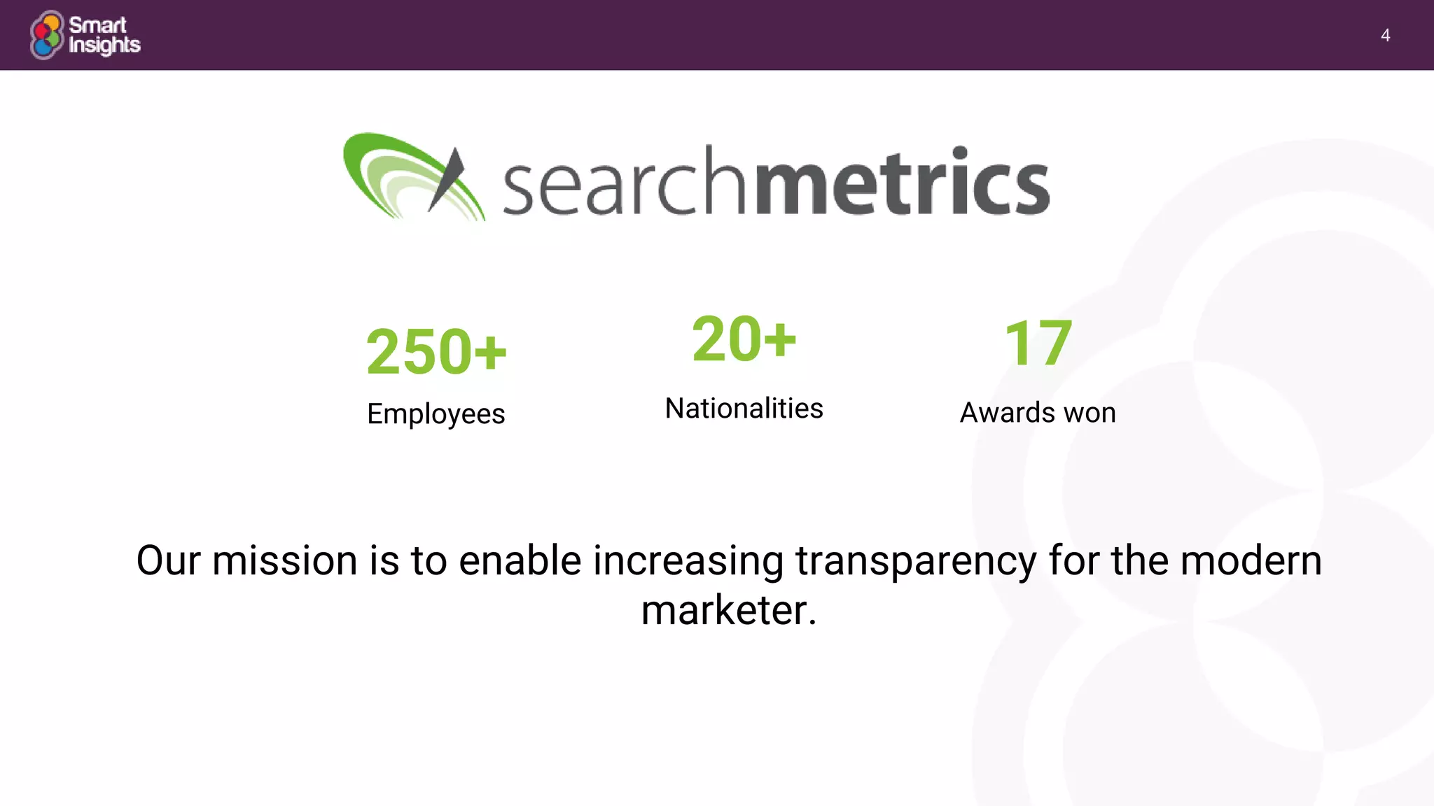 4
250+
Employees
Our mission is to enable increasing transparency for the modern
marketer.
20+
Nationalities
17
Awards won
 