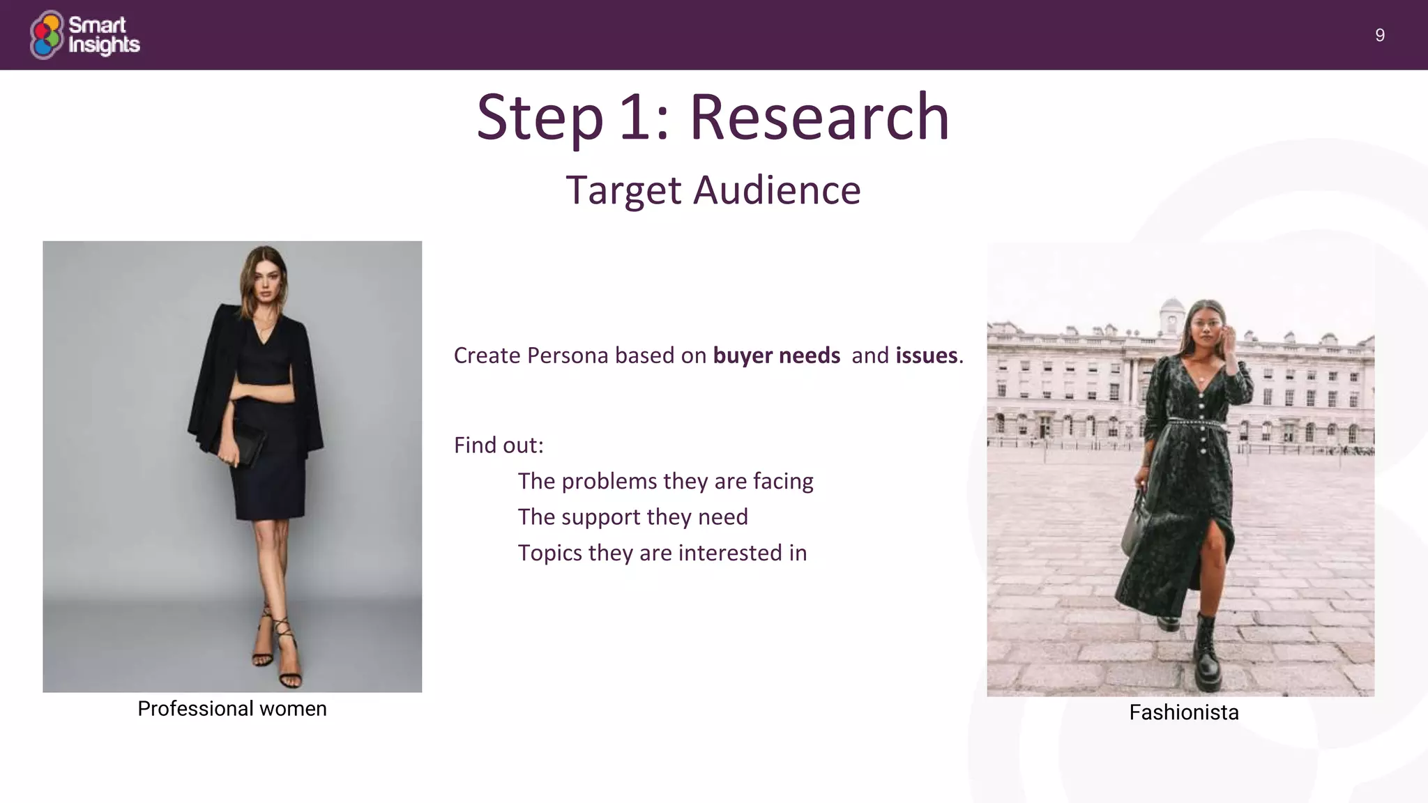 9
Fashionista
© Searchmetrics GmbH and Inc. All rights reserved. Do not distribute without permission.
Step1: Research
Professional women
Create Persona based on buyer needs and issues.
Find out:
The problems they are facing
The support they need
Topics they are interested in
Target Audience
 