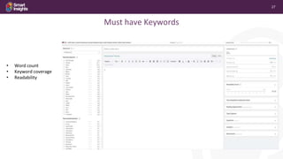 27
Must have Keywords
• Word count
• Keyword coverage
• Readability
 