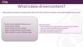 7
Why Search Data ?
- Search engines aim to understand user intent and user behavior
- Success is made predictable before publication
- Get audience questions and problems
- Know the words the customers use
Whatisdata-drivencontent?
Data-driven content incorporates data into the content creation and optimisation processes
The data-driven approach allows you to:
- Get customer insights
- Create audience centric content
- Make strategic decision based on data
- Meet customers needs at buying stages
 