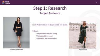 9
Fashionista
© Searchmetrics GmbH and Inc. All rights reserved. Do not distribute without permission.
Step1: Research
Professional women
Create Persona based on buyer needs and issues.
Find out:
The problems they are facing
The support they need
Topics they are interested in
Target Audience
 