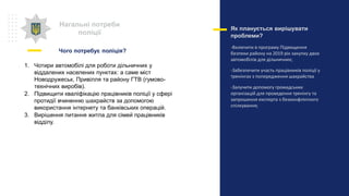 Нагальні потреби
поліції
Чого потребує поліція?
1. Чотири автомобілі для роботи дільничних у
віддалених населених пунктах: а саме міст
Новодружеськ, Привілля та району ГТВ (гумово-
технічних виробів).
2. Підвищити кваліфікацію працівників поліції у сфері
протидії вчиненню шахрайств за допомогою
використання інтернету та банківських операцій.
3. Вирішення питання житла для сімей працівників
відділу.
Як планується вирішувати
проблеми?
-Включити в програму Підвищення
безпеки району на 2019 рік закупку двох
автомобілів для дільничних;
-Забезпечити участь працівників поліції у
тренінгах з попередження шахрайства
-Залучити допомогу громадських
організацій для проведення тренінгу та
запрошення експерта з безконфліктного
спілкування;
’
 