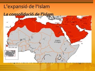 L’expansió de l‘Islam 
La consolidació de l’islam 
• A partir de l’any 750, la família dels abbàssides de 
Bagdad van derrotar els omeies i fundaren una nova 
dinastia califal. A partir del segle IX, la propagació de 
l’islam es va produir mitjançant l’influx que 
navegants i caravaners van exercir en molts llocs del 
món. Però els abbàssides van anar perdent el control 
sobre aquests territoris. Algunes províncies van 
aconseguir la independència religiosa. Al segle XIII, 
els mogols van imposar la seva autoritat sobre una 
bona part de les terres musulmanes. Més tard 
l’Imperi Turc va exercir el seu domini fins al segle XIX. 
 