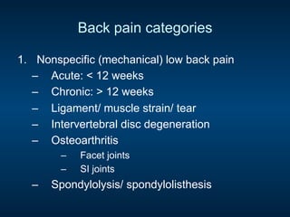 Back pain categories
1.  Nonspecific (mechanical) low back pain
–  Acute: < 12 weeks
–  Chronic: > 12 weeks
–  Ligament/ muscle strain/ tear
–  Intervertebral disc degeneration
–  Osteoarthritis
–  Facet joints
–  SI joints
–  Spondylolysis/ spondylolisthesis
 