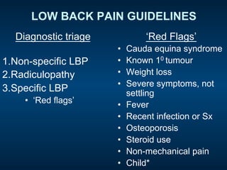 LOW BACK PAIN GUIDELINES
Diagnostic triage
1. Non-specific LBP
2. Radiculopathy
3. Specific LBP
•  ‘Red flags’
‘Red Flags’
•  Cauda equina syndrome
•  Known 10 tumour
•  Weight loss
•  Severe symptoms, not
settling
•  Fever
•  Recent infection or Sx
•  Osteoporosis
•  Steroid use
•  Non-mechanical pain
•  Child*
 