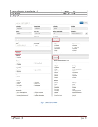 Learner Information System Version 2.0 Version: 1.0
User Manual Date: 02/22/2014
LISV2-UM
LIS Version 2.0 Page 10
Figure 4.1-2: Learner Profile
 