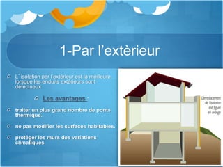 1-Par l’extèrieur
L’isolation par l’extérieur est la meilleure
lorsque les enduits extérieurs sont
défectueux
Les avantages :
traiter un plus grand nombre de ponts
thermique.
ne pas modifier les surfaces habitables.
protéger les murs des variations
climatiques
 