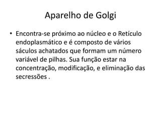 Aparelho de Golgi
• Encontra-se próximo ao núcleo e o Retículo
endoplasmático e é composto de vários
sáculos achatados que formam um número
variável de pilhas. Sua função estar na
concentração, modificação, e eliminação das
secressões .
 