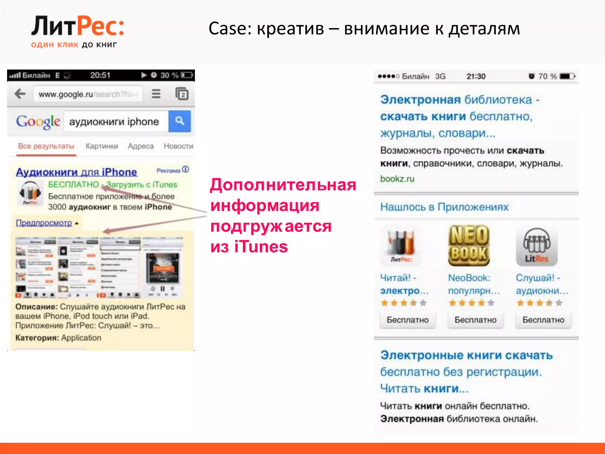 Дополнительная
информация
подгружается
из iTunes
Case: креатив – внимание к деталям
 