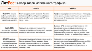 Обзор типов мобильного трафика
Тип Плюсы Минусы
Web CPC: покупка
мобильного трафика с
веб сайтов (напрямую,
через тизерные сети)
Много ресурсов, много трафика. У многих
сайтов нет мобильной/адаптивной версии
сайта, а мобильный трафик под 30% есть
почти у всех.
Трафик неоднородный, много «треша» (попандеры,
кликандеры), не исключает тех, кто уже установил
приложение. Куча ресурсов - много рутины по
договоренностям.
Mobile SEM:
контекстная реклама,
ведущая на приложения.
Хороший, качественный трафик (при
правильно подобранной семантике), высокая
конверсия в установку, мало фрода.
Высокая CPC, конкуренция по ставке с не моб
рекламодателями, которые не исключают из
таргетинга мобильных пользователей. Если у
бизнеса слабая семантика (мало ключевых слов,
описывающих бизнес) то трафика будет немного.
CPI/CPA: мотив -
мотивированные
установки (получение
игровой валюты за
установку приложения)
Хорошо для вывода в топ в категории: много,
быстро, дешево. Можно задавать более
сложные сценарии чем просто установка:
установка + действие + отзыв + не удалять в
течении 2 дней.
Надо постоянно следить за органическим
мультипликатором (скажем 2000 органики на 1000
мотива). Если мультипликатор низкий (100
органики на 1000 мотива) - то будет дорого и
неэффективно.
 