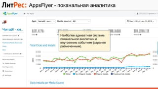 AppsFlyer - поканальная аналитика
Наиболее адекватная система
поканальной аналитики и
внутренним событиям (заранее
размеченным).
 