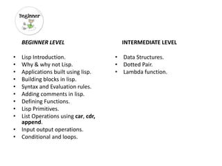 BEGINNER LEVEL
• Lisp Introduction.
• Why & why not Lisp.
• Applications built using lisp.
• Building blocks in lisp.
• Syntax and Evaluation rules.
• Adding comments in lisp.
• Defining Functions.
• Lisp Primitives.
• List Operations using car, cdr,
append.
• Input output operations.
• Conditional and loops.
INTERMEDIATE LEVEL
• Data Structures.
• Dotted Pair.
• Lambda function.
 