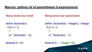 Macros: getting rid of parentheses (t-expressions)
#lang sweet-exp typed/racket
define: factorial([n : Integer]) : Integer
if {n <= 1}
1
{n * factorial{n - 1}}
factorial 5 ;- : Integer 120
#lang sweet-exp racket
define factorial(n)
if {n <= 1}
1
{n * factorial{n - 1}}
factorial 5 ;120
 