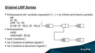 Original LISP Syntax
 S-Expressions (for “symbolic expression”): ( · ) + an inﬁnite set of atomic symbols:
AB
(A · B)
((AB · C) · D)
(A·((B ·(C · NIL)) ·(D · NIL)))
 M-Expressions:
car[x]
car[cons[(A · B);x]]
 cons (“construct”)
 car (“contents of address register”)
 cdr (“contents of decrement register”)
 