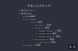 2019/5/8 Lispの同図像性とその周辺
localhost:8000/slide/lisp-homoiconicity.html?print-pdf#/sec-title-slide 21/99
やることスタックやることスタック
競プロしたい！
当然Emacs
init.el編集
use-package
leaf.el 開発
cort-test.el 開発
feather.el 開発
feather-recipes.el 開発
feather-melpa 開発
feather-server.el 開発
leaf-browser.el 開発
seml-mode.el 開発
orglyth.el 開発 3 . 5
 