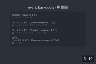2019/5/8 Lispの同図像性とその周辺
localhost:8000/slide/lisp-homoiconicity.html?print-pdf#/sec-title-slide 31/99
evalとbackquote - 中級編evalとbackquote - 中級編
(number-sequence 1 5)
;; => (1 2 3 4 5)
`(+ 1 2 3 4 5 ,(number-sequence 1 5))
;; => (+ 1 2 3 4 5 (1 2 3 4 5))
`(+ 1 2 3 4 5 ,@(number-sequence 1 5))
;; => (+ 1 2 3 4 5 1 2 3 4 5)
(eval
`(+ 1 2 3 4 5 ,@(number-sequence 1 5)))
;; => 30
3 . 10
 