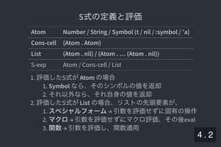2019/5/8 Lispの同図像性とその周辺
localhost:8000/slide/lisp-homoiconicity.html?print-pdf#/sec-title-slide 49/99
S式の定義と評価S式の定義と評価
Atom Number / String / Symbol (t / nil / :symbol / 'a)
Cons-cell (Atom . Atom)
List (Atom . nil) / (Atom . … (Atom . nil))
S-exp Atom / Cons-cell / List
1. 評価したS式がAtom の場合
1. Symbol なら、そのシンボルの値を返却
2. それ以外なら、それ自身の値を返却
2. 評価したS式がList の場合、リストの先頭要素が、
1. スペシャルフォーム→ 引数を評価せずに固有の操作
2. マクロ→ 引数を評価せずにマクロ評価、その後eval
3. 関数→ 引数を評価し、関数適用
4 . 2
 