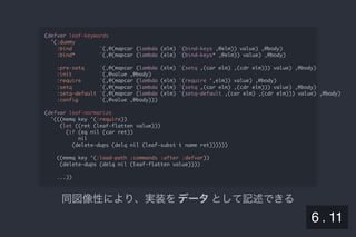 2019/5/8 Lispの同図像性とその周辺
localhost:8000/slide/lisp-homoiconicity.html?print-pdf#/sec-title-slide 77/99
同図像性により、実装をデータとして記述できる
(defvar leaf-keywords
'(:dummy
:bind `(,@(mapcar (lambda (elm) `(bind-keys ,@elm)) value) ,@body)
:bind* `(,@(mapcar (lambda (elm) `(bind-keys* ,@elm)) value) ,@body)
:pre-setq `(,@(mapcar (lambda (elm) `(setq ,(car elm) ,(cdr elm))) value) ,@body)
:init `(,@value ,@body)
:require `(,@(mapcar (lambda (elm) `(require ',elm)) value) ,@body)
:setq `(,@(mapcar (lambda (elm) `(setq ,(car elm) ,(cdr elm))) value) ,@body)
:setq-default `(,@(mapcar (lambda (elm) `(setq-default ,(car elm) ,(cdr elm))) value) ,@body)
:config `(,@value ,@body)))
(defvar leaf-normarize
'(((memq key '(:require))
(let ((ret (leaf-flatten value)))
(if (eq nil (car ret))
nil
(delete-dups (delq nil (leaf-subst t name ret))))))
((memq key '(:load-path :commands :after :defvar))
(delete-dups (delq nil (leaf-flatten value))))
...))
6 . 11
 