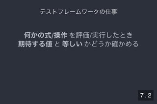 2019/5/8 Lispの同図像性とその周辺
localhost:8000/slide/lisp-homoiconicity.html?print-pdf#/sec-title-slide 82/99
テストフレームワークの仕事テストフレームワークの仕事
何かの式/操作を評価/実行したとき
期待する値と等しいかどうか確かめる
7 . 2
 