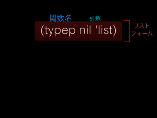 (typep nil 'list)
引数
リスト
フォーム
クオートしてない
関数名
 