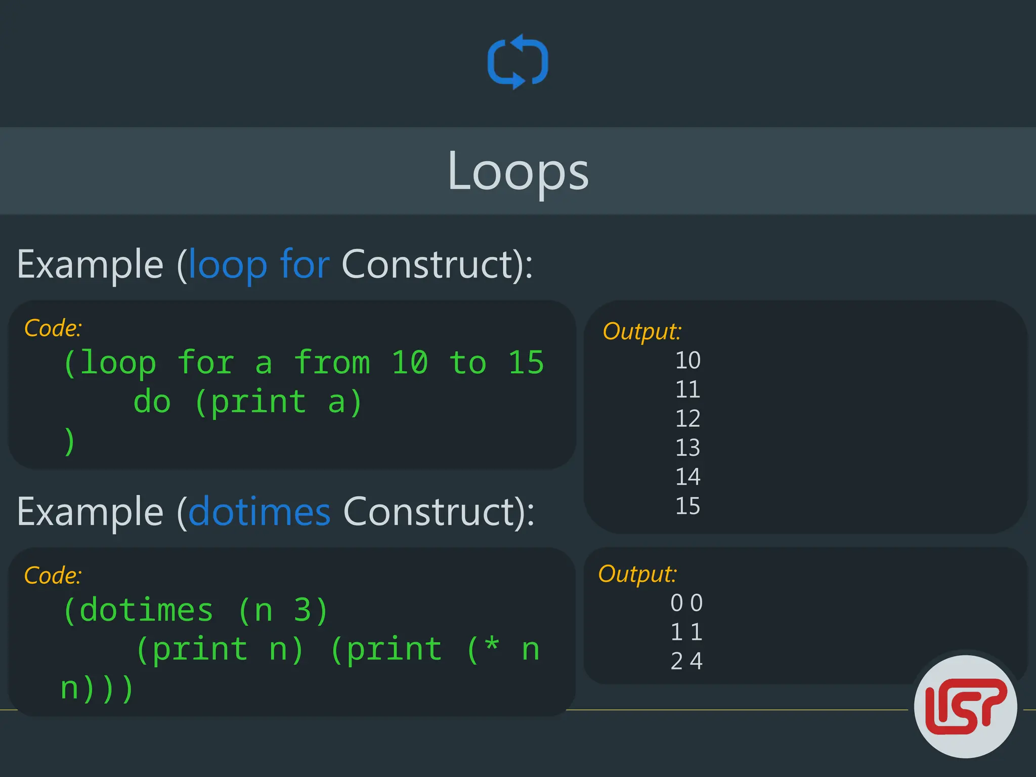 Output:
0 0
1 1
2 4
Loops
Example (loop for Construct):
Code:
(loop for a from 10 to 15
do (print a)
)
Output:
10
11
12
13
14
15
Example (dotimes Construct):
Code:
(dotimes (n 3)
(print n) (print (* n
n)))
 