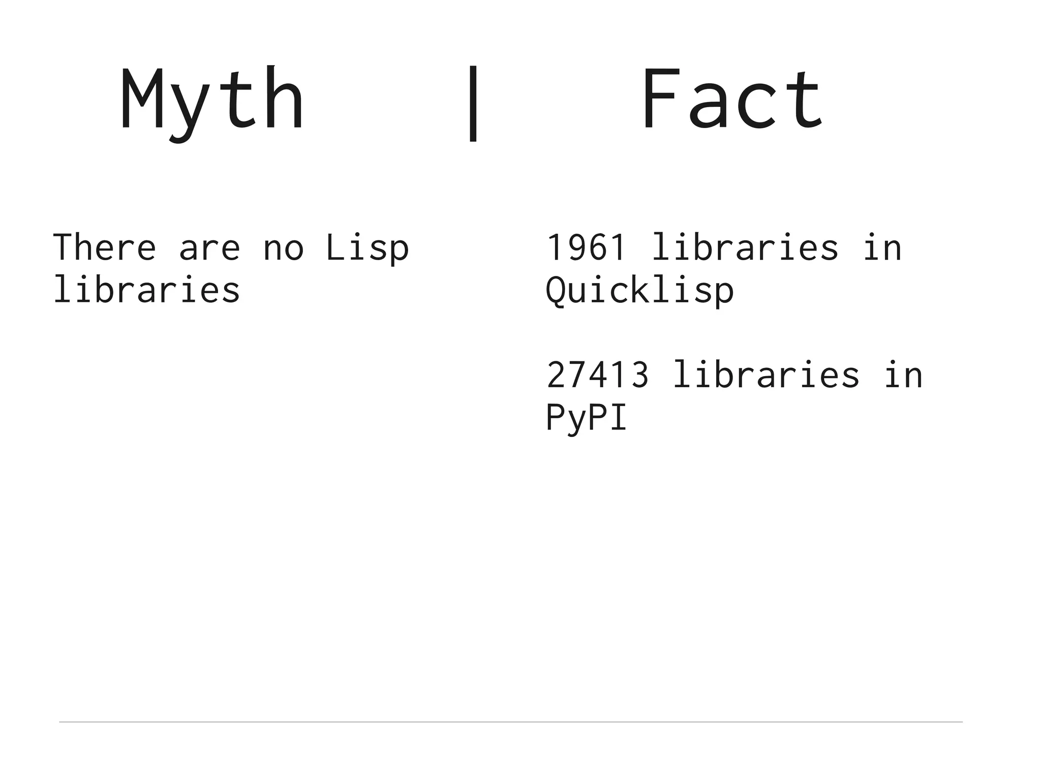 Myth             |       Fact
There are no Lisp       1961 libraries in
libraries               Quicklisp

                        27413 libraries in
                        PyPI
 