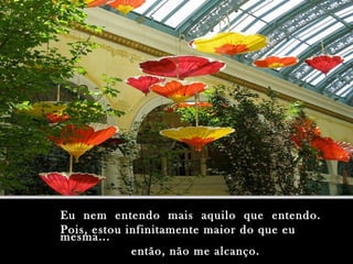 Eu nem entendo mais aquilo que entendo.Eu nem entendo mais aquilo que entendo.
Pois, estou infinitamente maior do que euPois, estou infinitamente maior do que eu
mesma...mesma...
então, não me alcanço.então, não me alcanço.
 