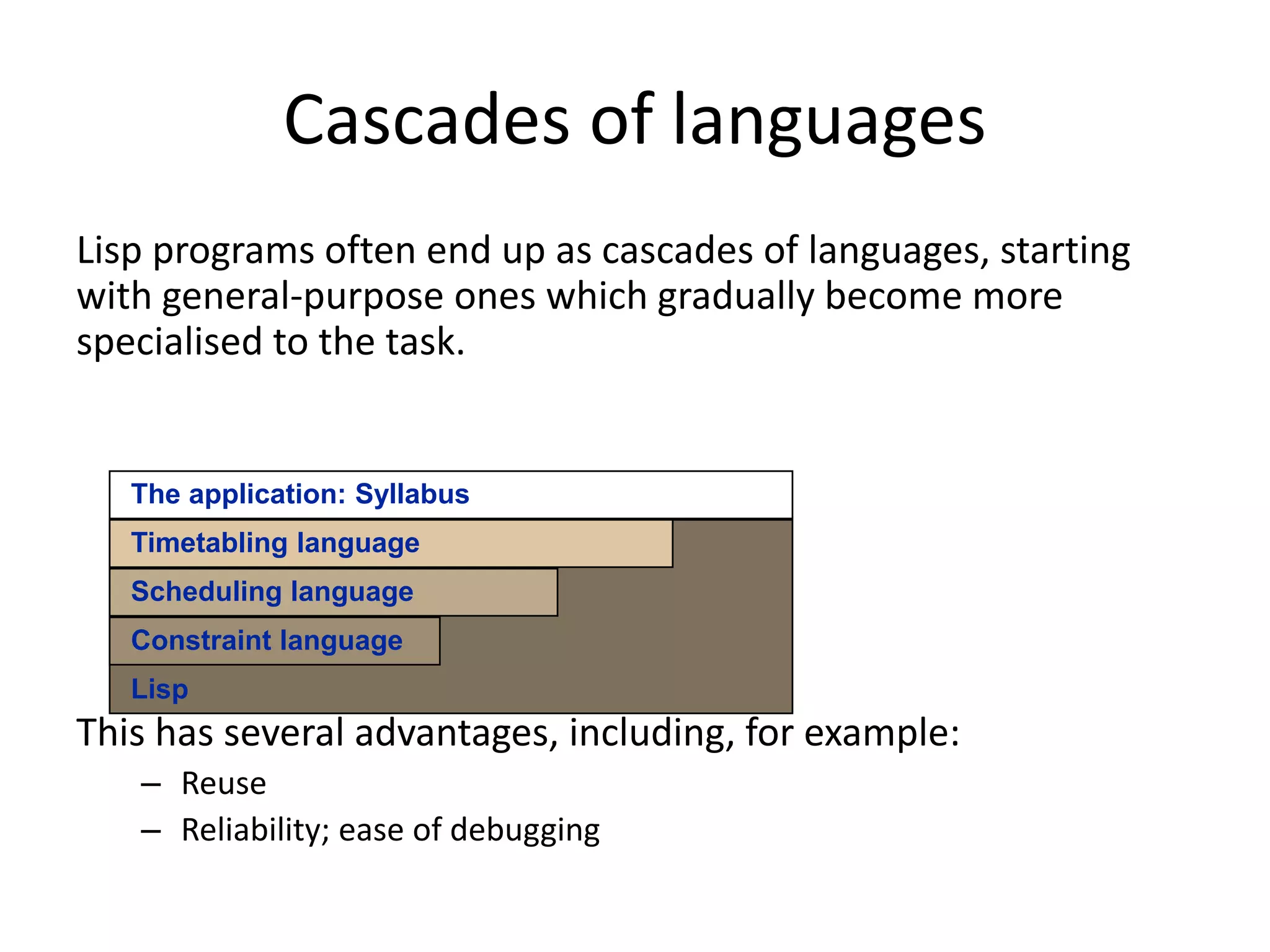 Cascades of languages
Lisp programs often end up as cascades of languages, starting
with general-purpose ones which gradually become more
specialised to the task.
This has several advantages, including, for example:
– Reuse
– Reliability; ease of debugging
Lisp
Constraint language
Scheduling language
Timetabling language
The application: Syllabus
 