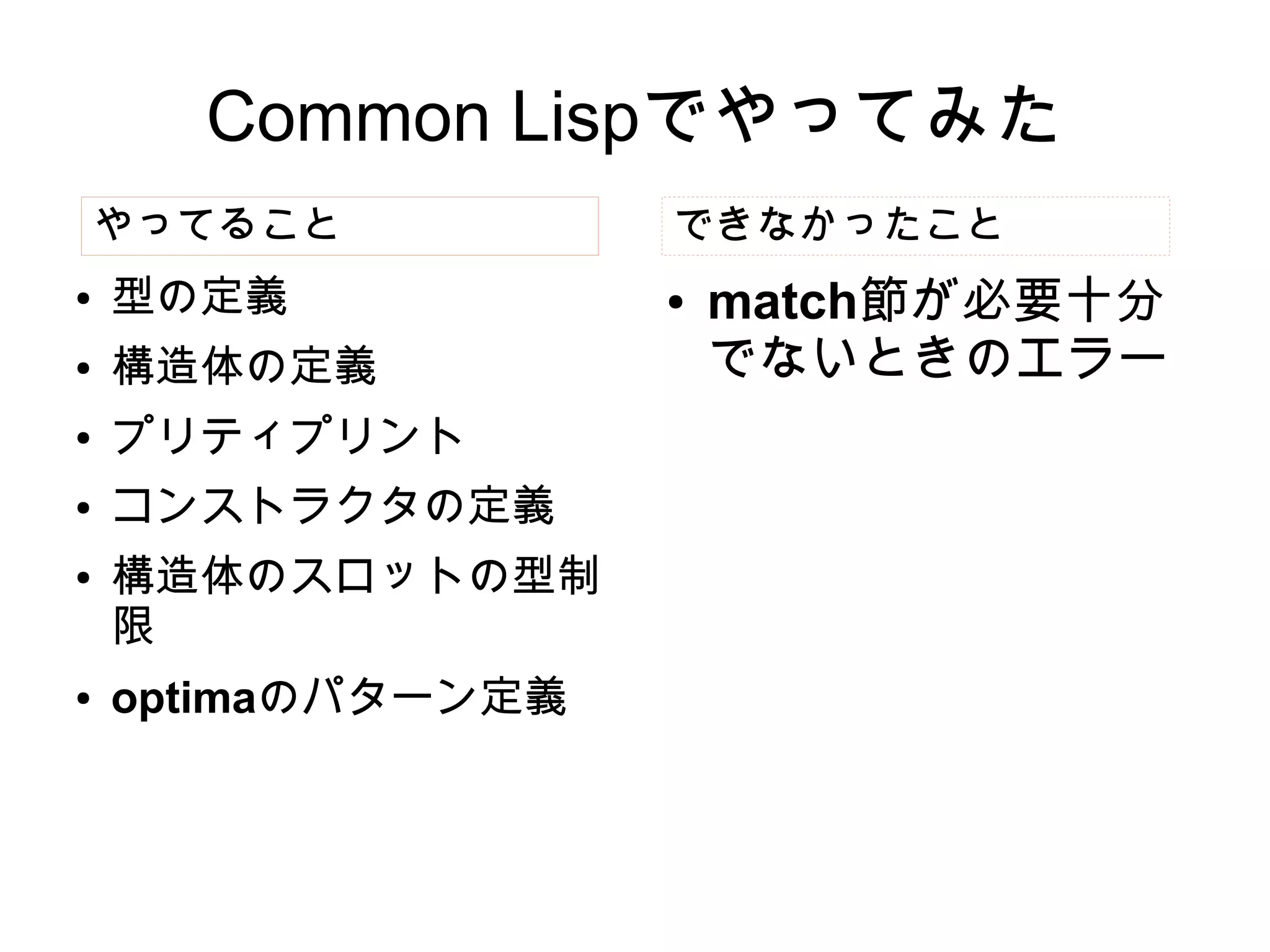 Common Lispでやってみた
やってること
●

型の定義

●

構造体の定義

●

プリティプリント

●

コンストラクタの定義

●

●

構造体のスロットの型制
限
optimaのパターン定義

できなかったこと
●

match節が必要十分
でないときのエラー

 