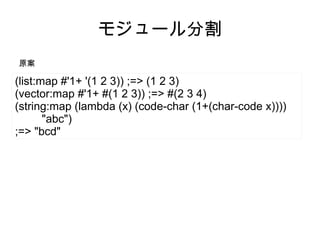 モジュール分割
原案

(list:map #'1+ '(1 2 3)) ;=> (1 2 3)
(vector:map #'1+ #(1 2 3)) ;=> #(2 3 4)
(string:map (lambda (x) (code-cha...