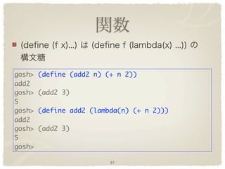 gosh>   (define (add2 n) (+ n 2))
add2
gosh>   (add2 3)
5
gosh>   (define add2 (lambda(n) (+ n 2)))
add2
gosh>   (add2 3)
5
gosh>

                          52
 