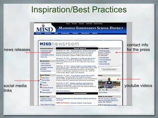 Inspiration/Best Practices news releases social media links youtube videos contact info for the press 