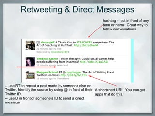 Retweeting & Direct Messages hashtag -- put in front of any term or name. Great way to follow conversations     -- use RT to repeat a post made by someone else on Twitter. Identify the source by using @ in front of their Twitter ID. -- use D in front of someone's ID to send a direct message A shortened URL. You can get apps that do this. 