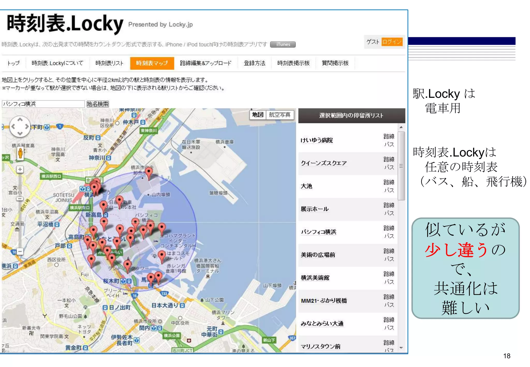 時刻表.Locky

            駅.Locky は
             電車用


            時刻表.Lockyは
             任意の時刻表
            （バス、船、飛行機）



             似ているが
             尐し違うの
               で、
              共通化は
               難しい

                        18
 