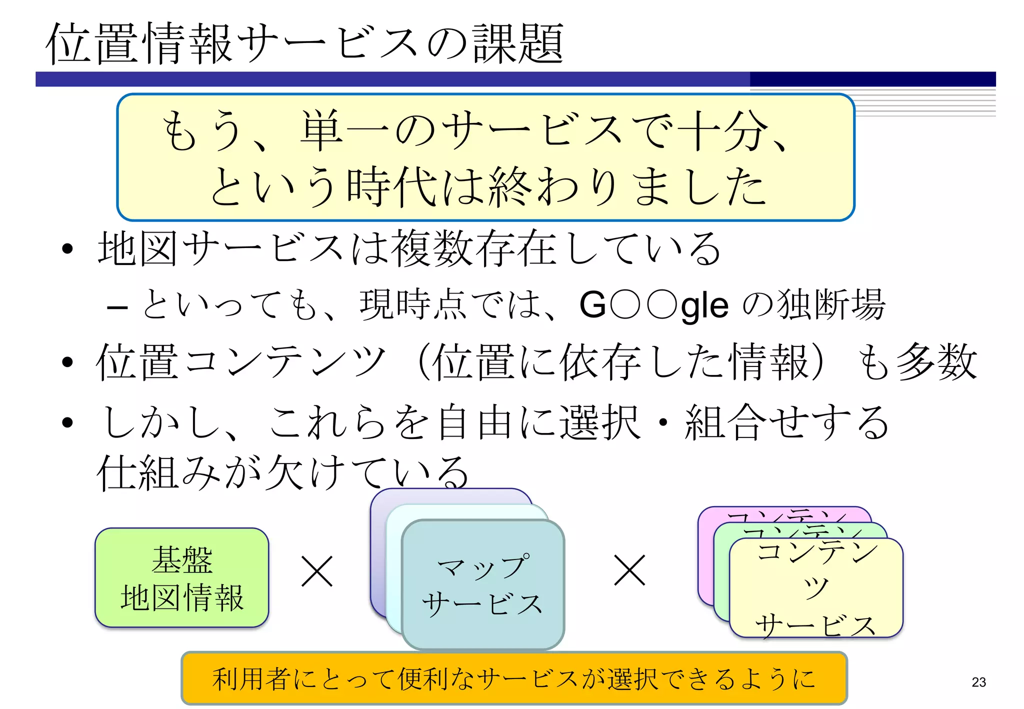 位置情報サービスの課題
  もう、単一のサービスで十分、
   という時代は終わりました
• 地図サービスは複数存在している
 – といっても、現時点では、G○○gle の独断場
• 位置コンテンツ（位置に依存した情報）も多数
• しかし、これらを自由に選択・組合せする
  仕組みが欠けている
             マップ         コンテン
                          コンテン
  基盤          マップ          コンテン
                            ツ
 地図情報
        ×      マップ
            サービス
             サービス    ×   サービス
                             ツ
                              ツ
              サービス        サービス
                           サービス
    利用者にとって便利なサービスが選択できるように       23
 