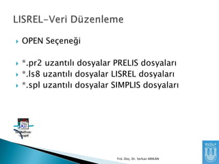 





OPEN Seçeneği
*.pr2 uzantılı dosyalar PRELIS dosyaları
*.ls8 uzantılı dosyalar LISREL dosyaları
*.spl uzantılı dosyalar SIMPLIS dosyaları

Yrd. Doç. Dr. Serkan ARIKAN

 